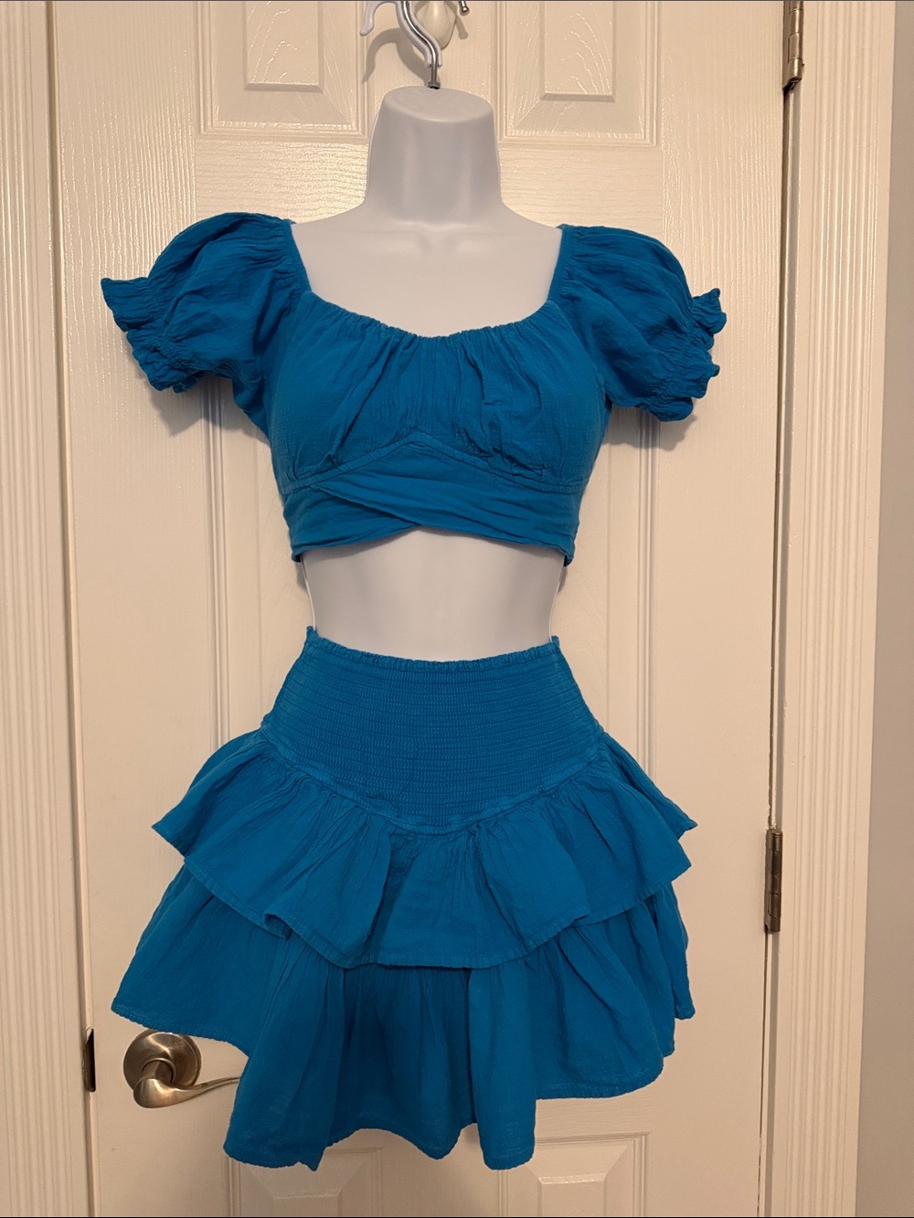Tiered Smocked Blue Women's Skirt and Top